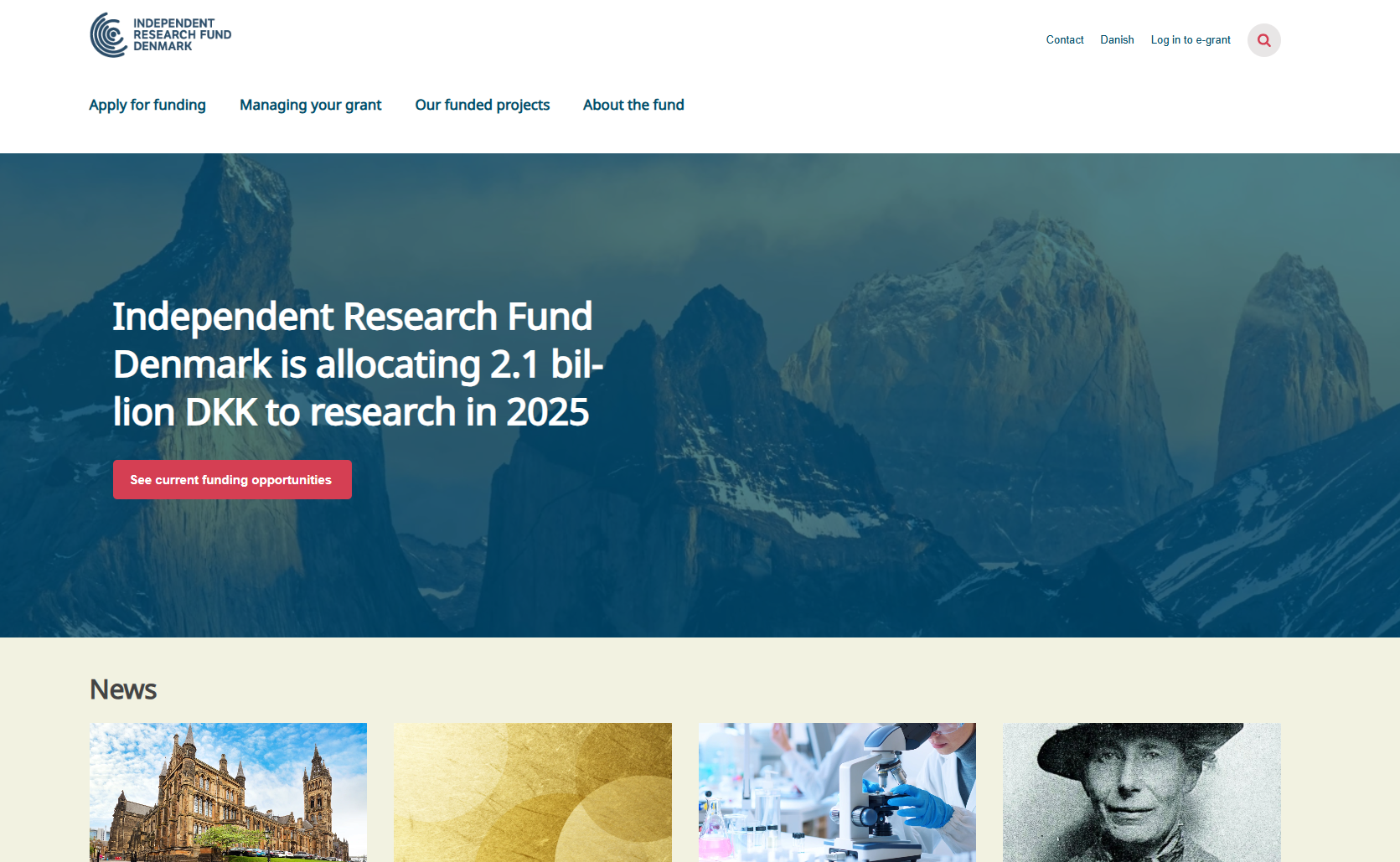 Screenshot of the new website's front page