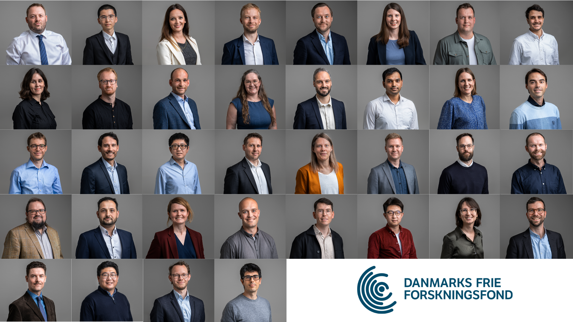 Billedkollage med portrætfotos af de 36 Sapere Aude: DFF-Forskningsledere fra 2025 og med et logo fra Danmarks Frie Forskningsfond i nederste højre hjørne.