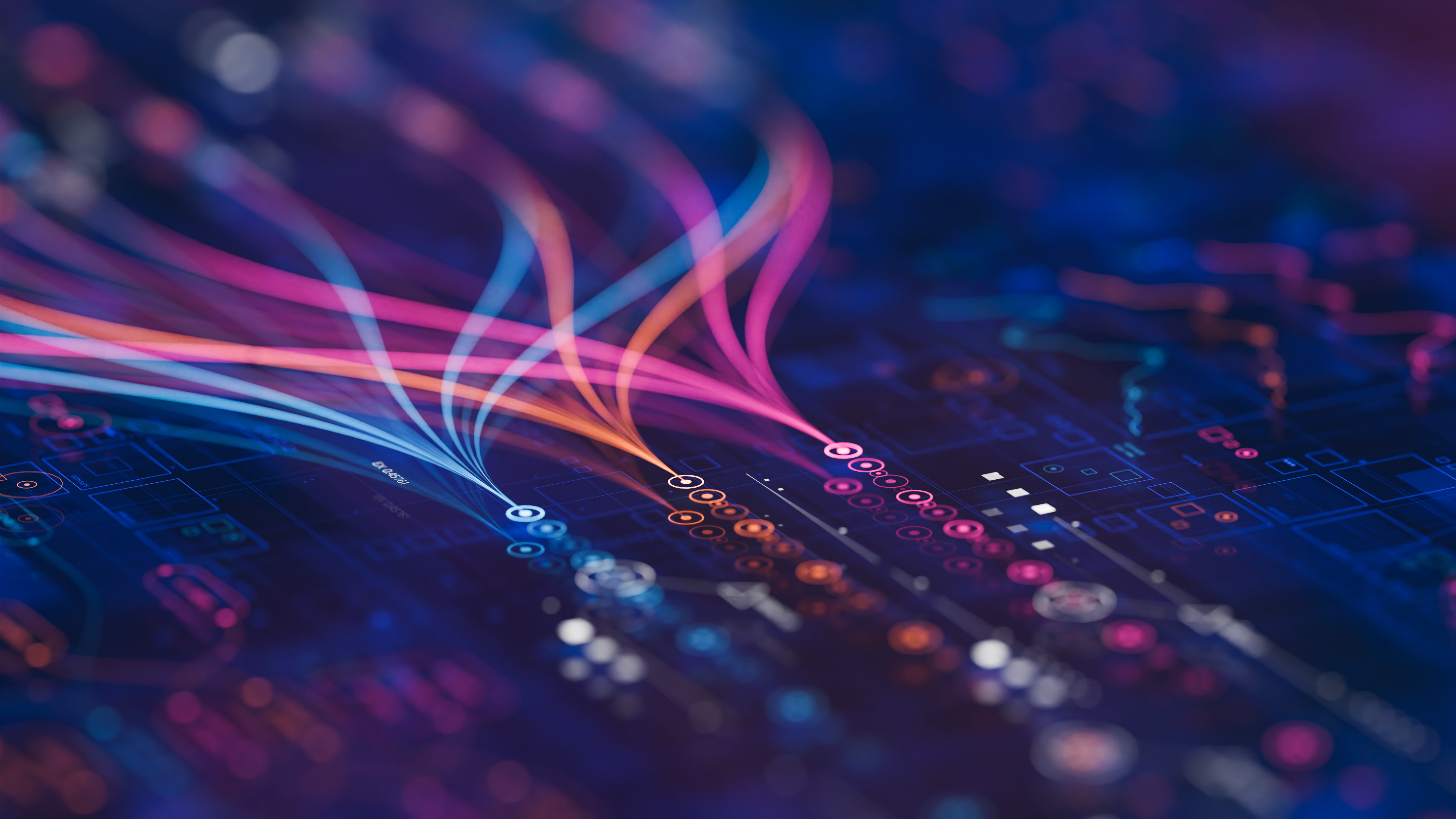 Abstrakt foto af neurale flows af data i farverne blå, orange og pink